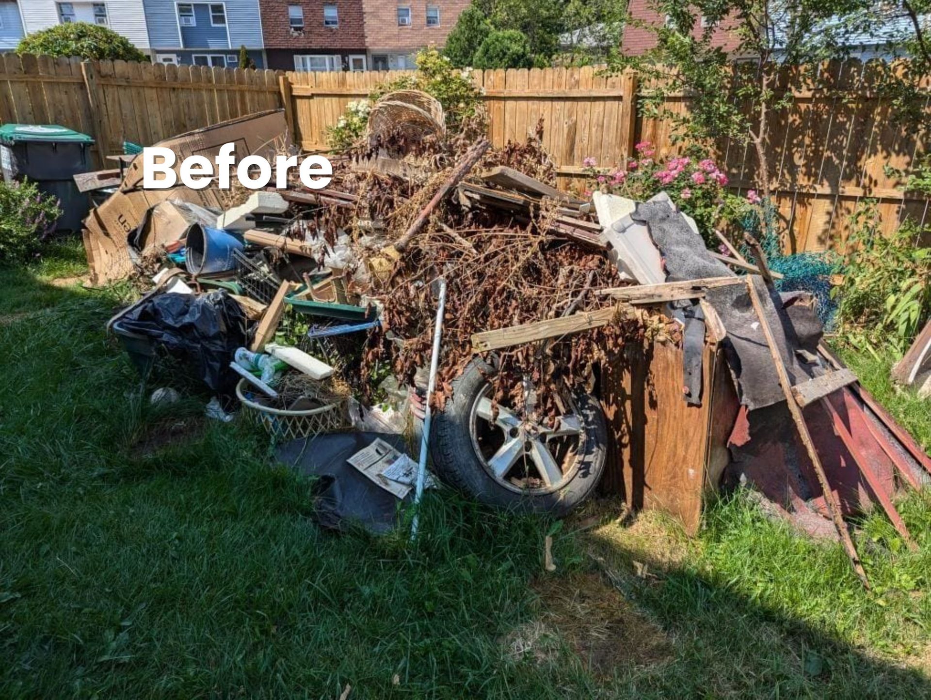 Backyard debris pile before removal
