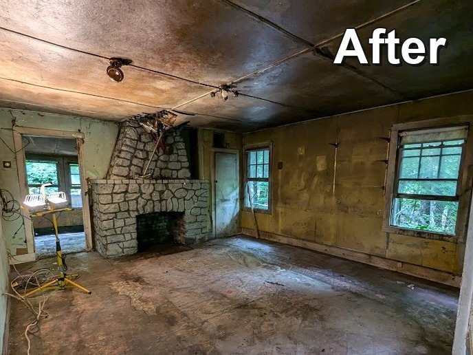 Fireplace room after hoarder cleanout